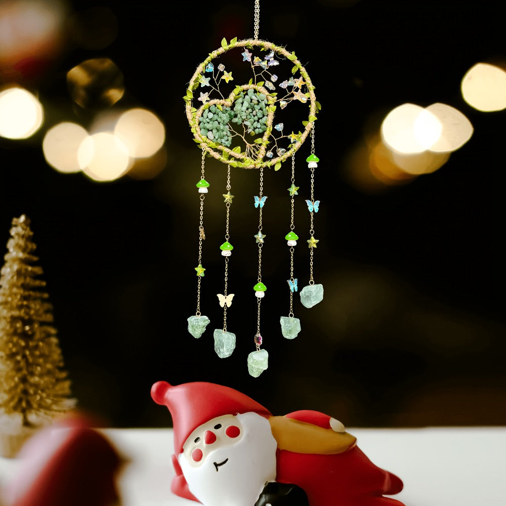 Boho Crystal Wall Hanging Decor ¨C Handmade Stone Bead Wind Chime with Colorful Gemstone Heart & Circular Crystal Pendant for Bedroom Living Room Christmas Mother's Day Thanksgiving Gift (Purple/Pink/Green)