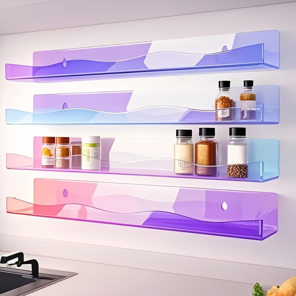 Iridescent Acrylic Floating Shelves Wall Mounted ¨C Colorful Rainbow Storage Rack for Nail Polish, Cosmetics & Sundries, Art Deco Style Bathroom & Bedroom Shelf, 2 or 4 Pack (Pink / Macaron / Clear)