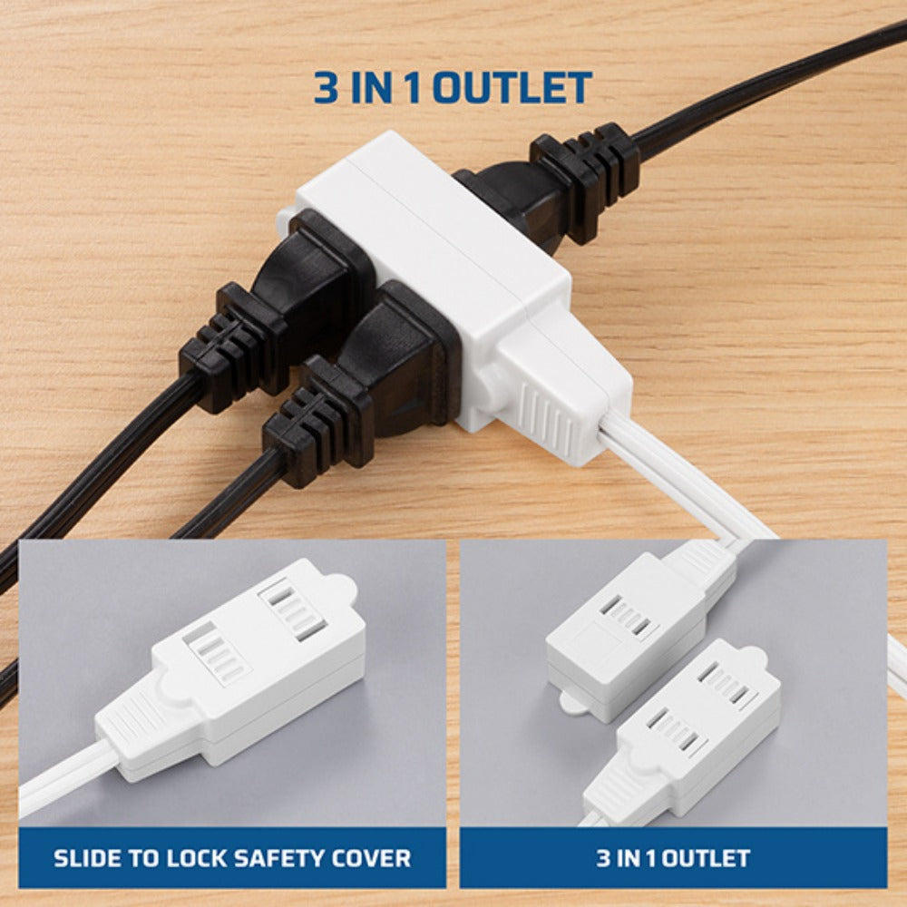 Extension Cord 4 Pack 3FT 3-in-1 Outlet 2 Prong Plugs 16AWG SPT-2 Cable Twist-Lock Safety Cover 13A 125V for Home Office Workshop Indoor Use White