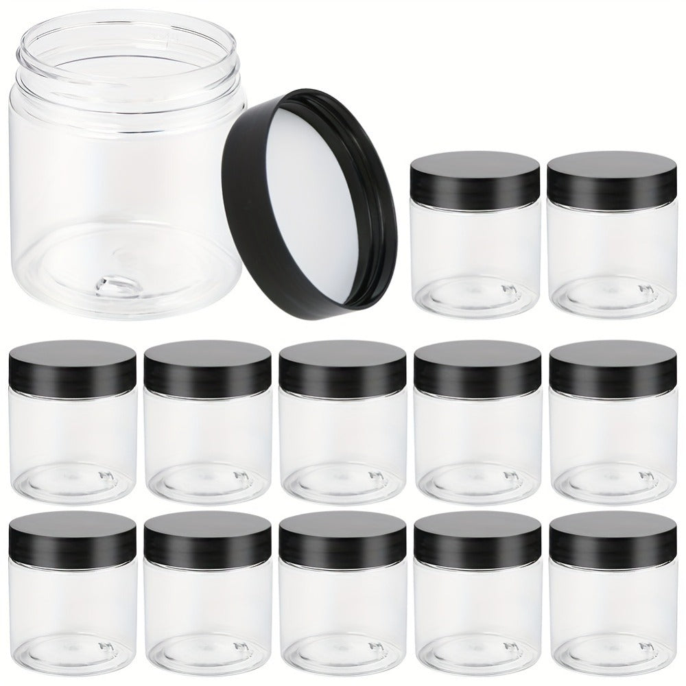Clear Plastic Jars with Lids 4oz Set of 12 - Leakproof Food Storage Containers with Black Lids for Spice, Honey, Candy, Slime