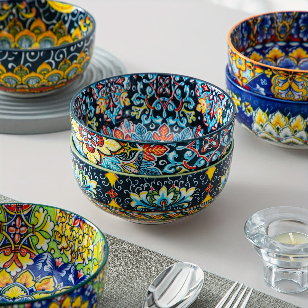 Cereal Bowl Set of 6 Bohemian Style 26oz ¨C Colorful Ceramic Bowls for Cereal Soup Oatmeal Salad Ice Cream Pasta Microwave Dishwasher Safe Boho Kitchen Decor Gift for Home