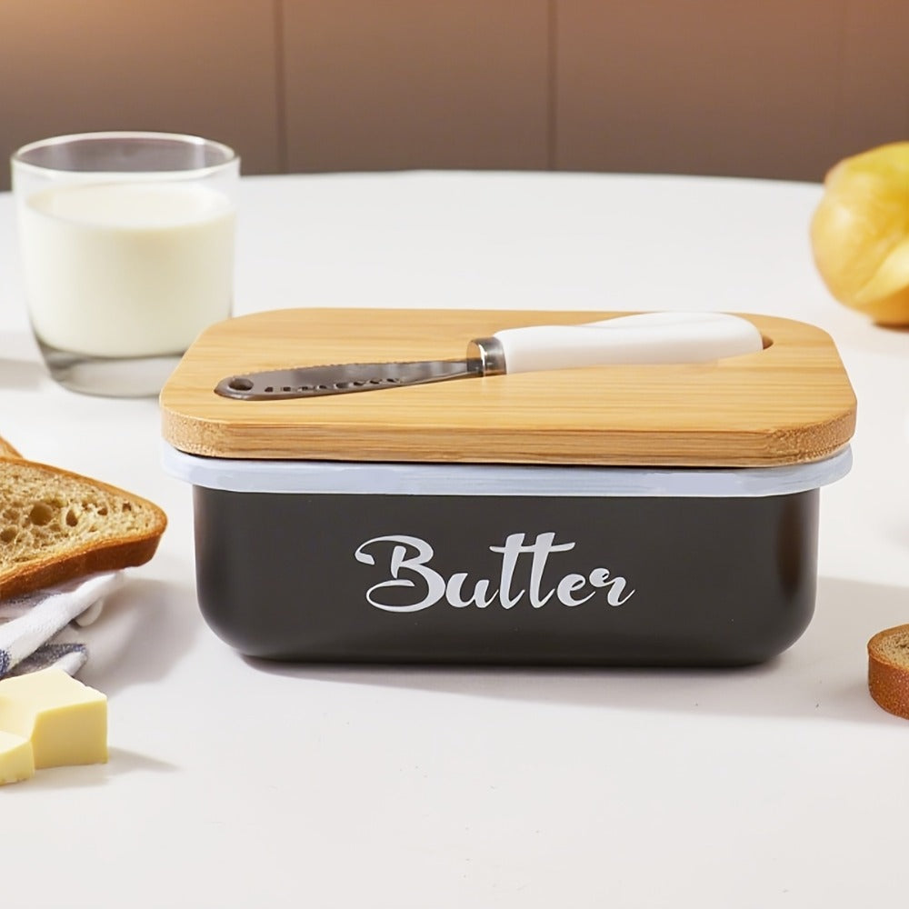 Butter Dish with Bamboo Lid & Knife, Iron Airtight Butter Keeper & Cheese Storage Box ¡ª Large Capacity Kitchen Counter Butter Container | Holiday Gift | Black, Gray, Green