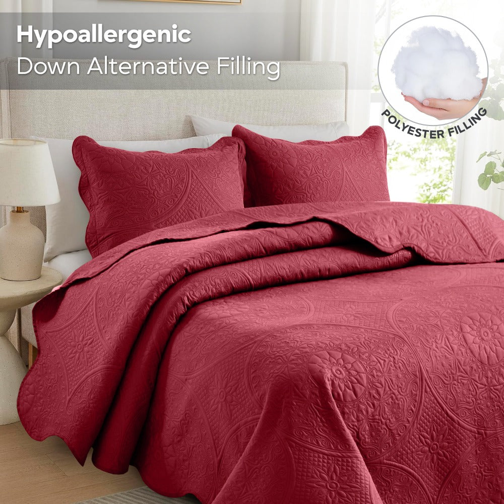 Quilted Bedspread Set 3 Piece ¨C Soft Floral Coverlet with Pillow Shams, Lightweight Breathable Quilt for Bedroom & Guest Room, All Season Bed Cover
