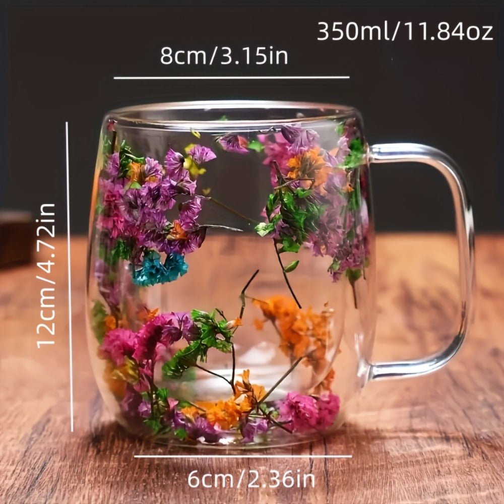 Double Wall Glass Coffee Cups with Handle Set of 4 ¨C Borosilicate Thermal Mugs for Latte Cappuccino Tea | Dried Flower & Petal Design Transparent Drinkware for Office Home Gifts