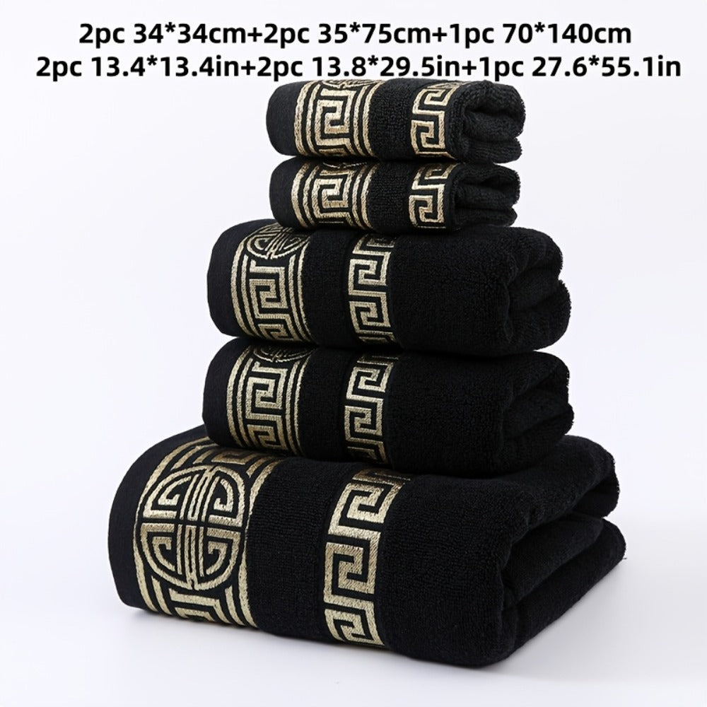 5-Piece 100% Cotton Towel Set ¨C 1 Bath Towel, 2 Hand Towels & 2 Washcloths | Ultra-Soft, Highly Absorbent, Exquisite Pattern Design for Home Bathroom
