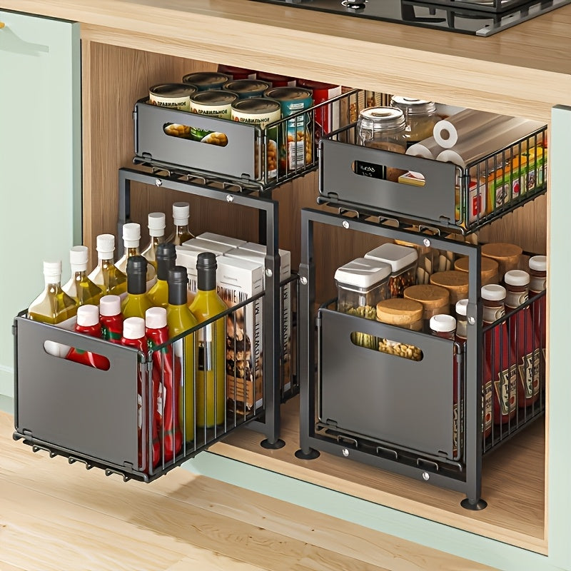 Under Sink Organizer 2-Tier Pull Out - Adjustable Height Carbon Steel Cabinet Storage Shelf for Kitchen and Bathroom, Space Saving Sliding Drawer Rack for Cleaning Supplies Pots and Toiletries, Heavy Duty Under Cabinet Organizer Available in 1 or 2 Pack