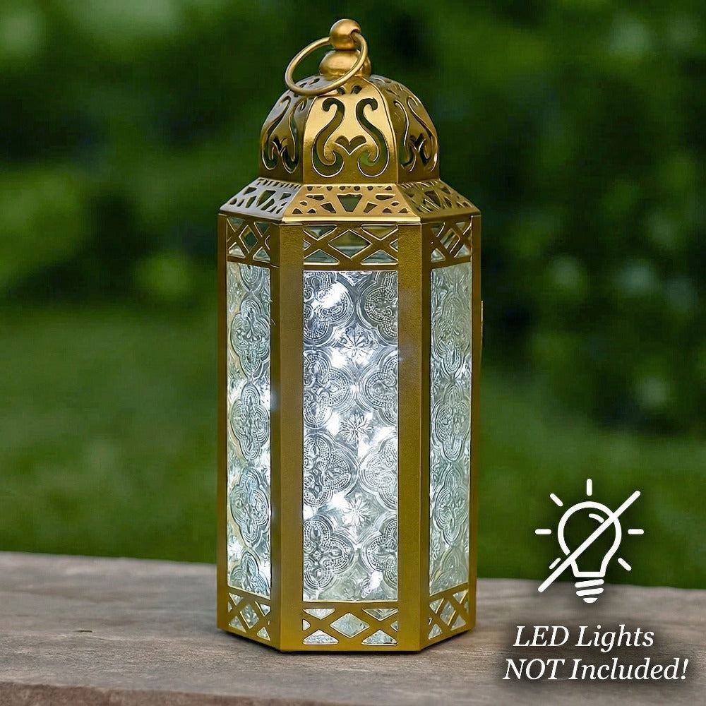 Moroccan Candle Lantern Holder - Decorative Metal & Glass Lantern with Embossed Floral Design for Indoor Home Decor, Garden, Patio, Weddings, Ramadan, Halloween & Holiday Celebrations - 10.5¡± Tall Medium Size