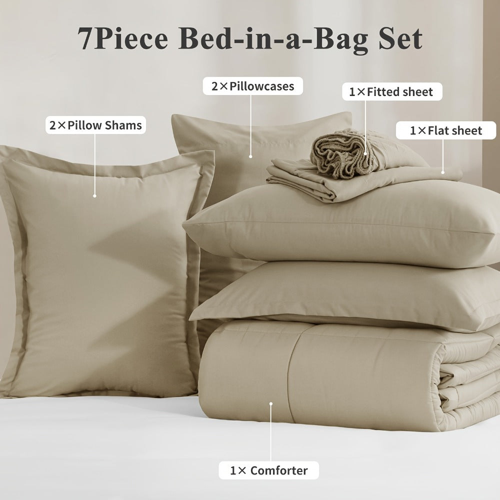 7 Piece Comforter Set Luxury Soft Fluffy Bedding All Season Bed in a Bag with Comforter Fitted Sheet Flat Sheet Pillowcases Hypoallergenic Breathable Easy Care Queen King Twin XL Full