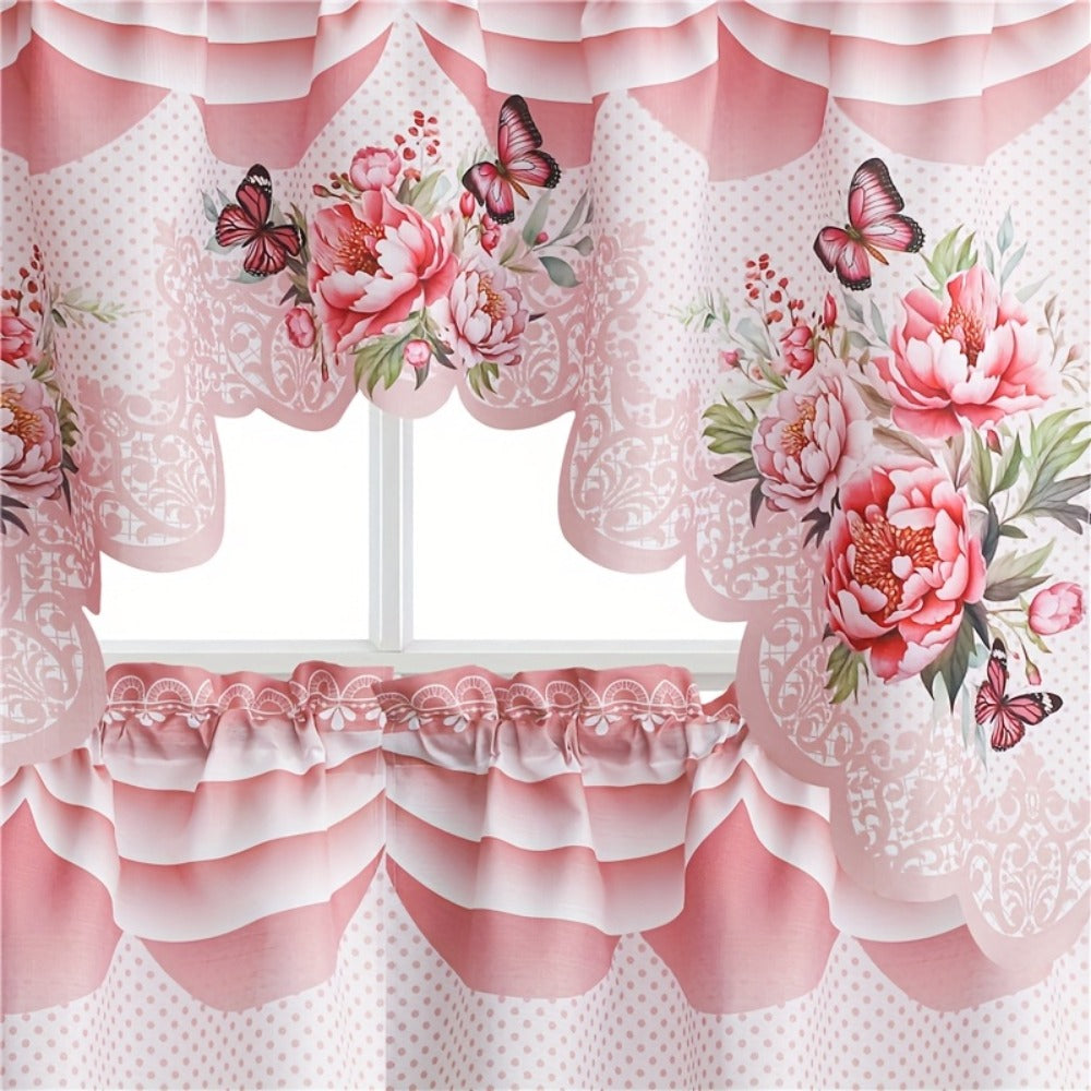 Blackout Kitchen Curtains 3-Piece Set with Butterfly Floral Print - Rod Pocket Window Curtains for Kitchen, Living Room, Bedroom, Bathroom & Restaurant, Polyester Fabric, Machine Washable