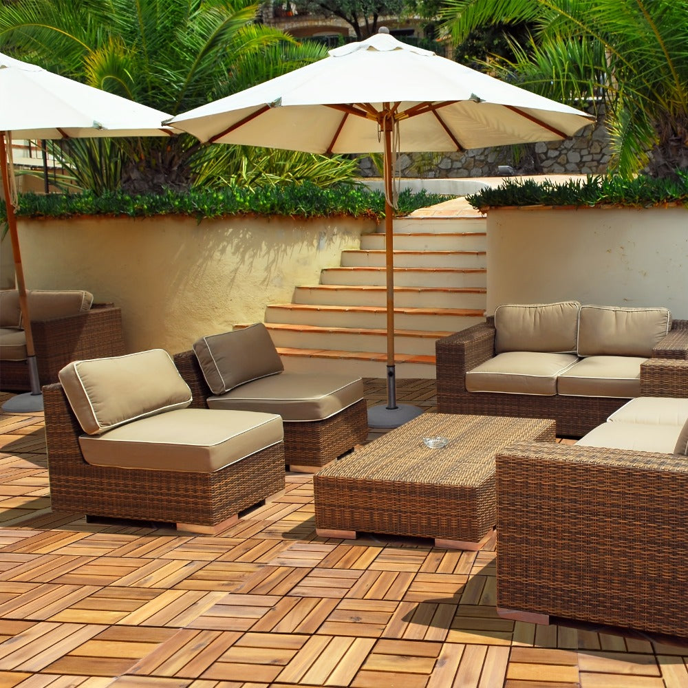 Interlocking Acacia Wood Deck Tiles 27-Pack ¨C 12x12 Inch Oil-Finished Slat Tiles, Covers 27 Sq Ft, Tool-Free Install, for Patio, Balcony, Garden, Deck & Indoor Flooring