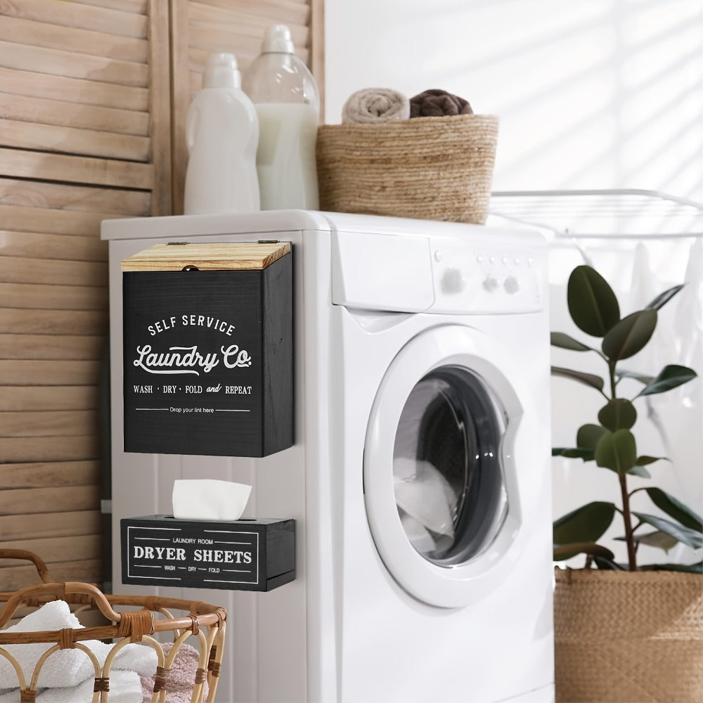 Magnetic Lint Holder & Dryer Sheet Dispenser 2-Pack, Farmhouse Wooden Lint Trash Can with Lid for Dryer, Wall Mount Dryer Sheet Box Organizer for Laundry Room Decor, Magnetic Laundry Organizer Set