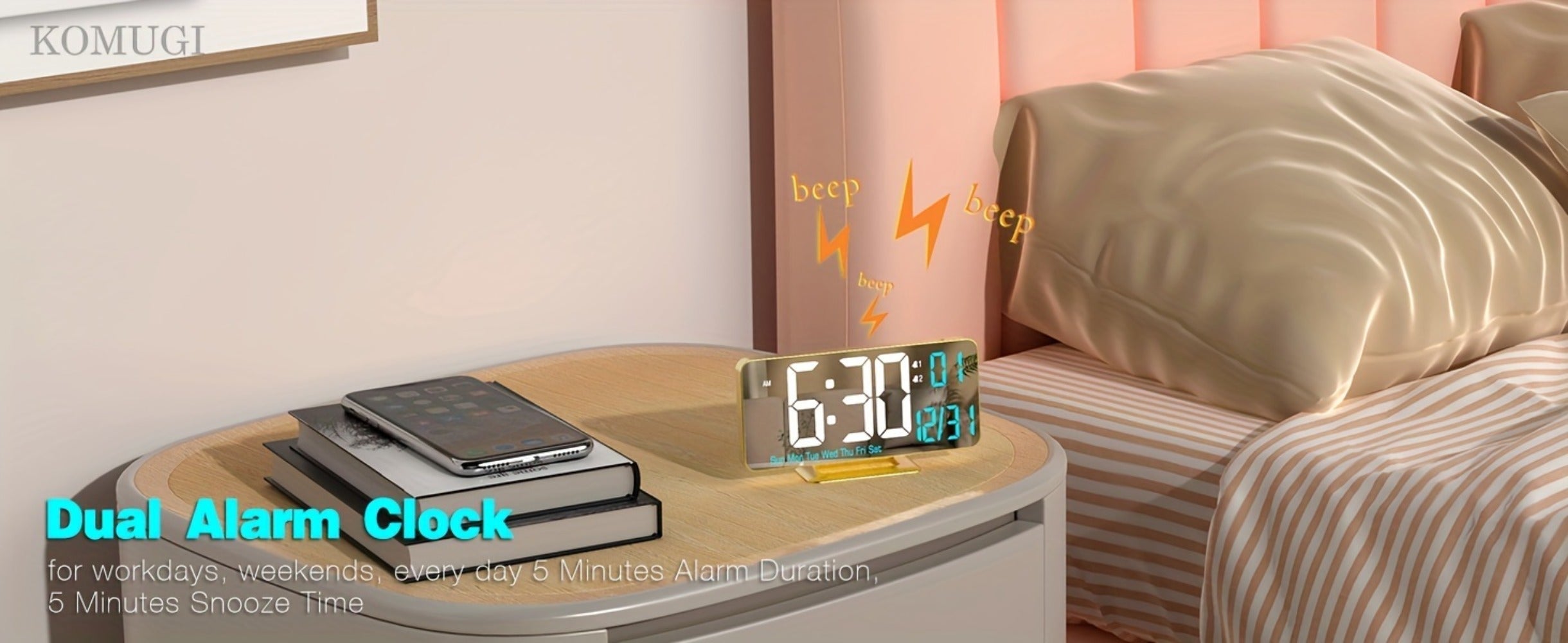 Large Digital Alarm Clock 6.7¡± with Dual Alarm & Dimmable LED Display ¨C USB Powered Desk Clock with Temperature, Date & Day of Week | Modern Golden Bedside Clock for Bedroom, Living Room & Office