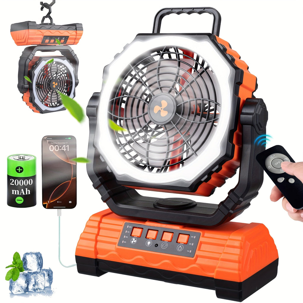 Camping Fan 20000mAh Battery Powered with 4 LED Lantern - Dual Motor 4-Speed Portable Outdoor Fan with Hook & Remote Control | Desktop Fan for Tent, Power Outage & Construction Site