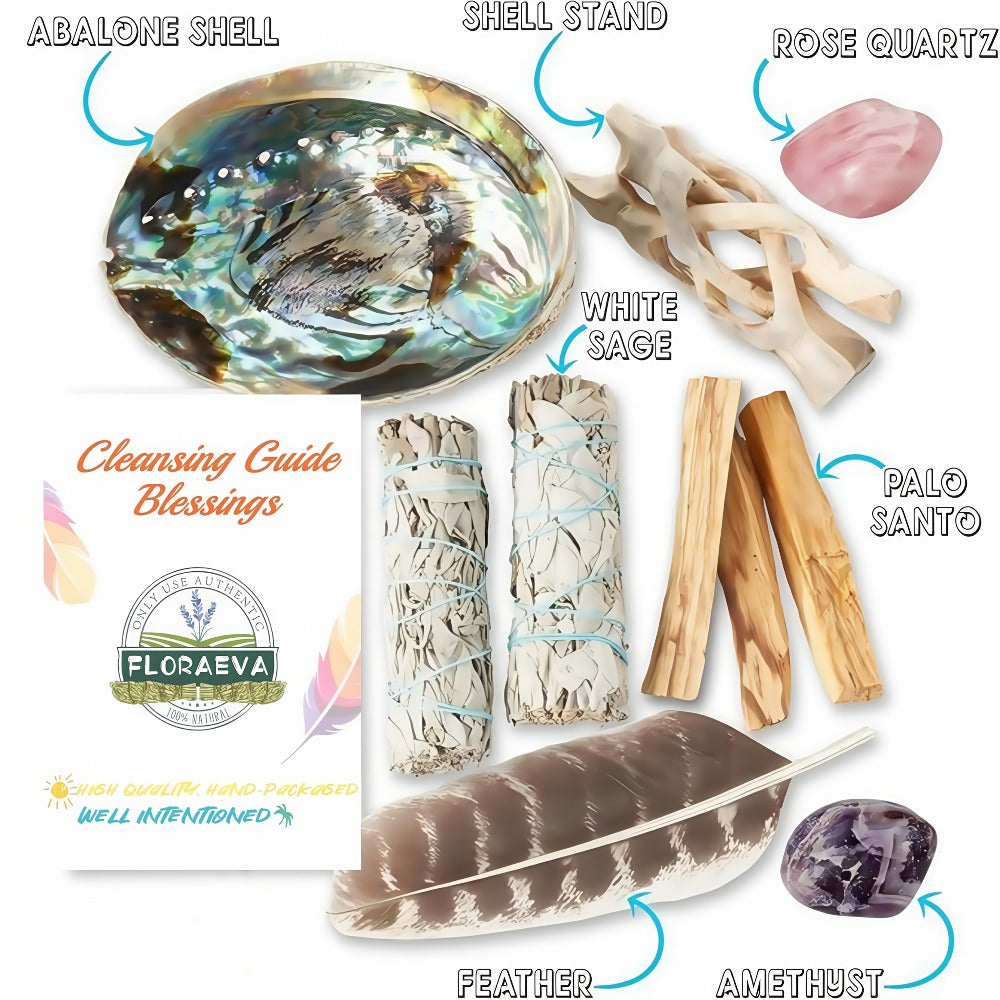 White Sage Cleansing Kit Smudge Set with Abalone Shell Holy Wood Incense Feathers Crystal Stone - Sage Sticks for Protection Positive Energy Home Office Decor Holiday Gift