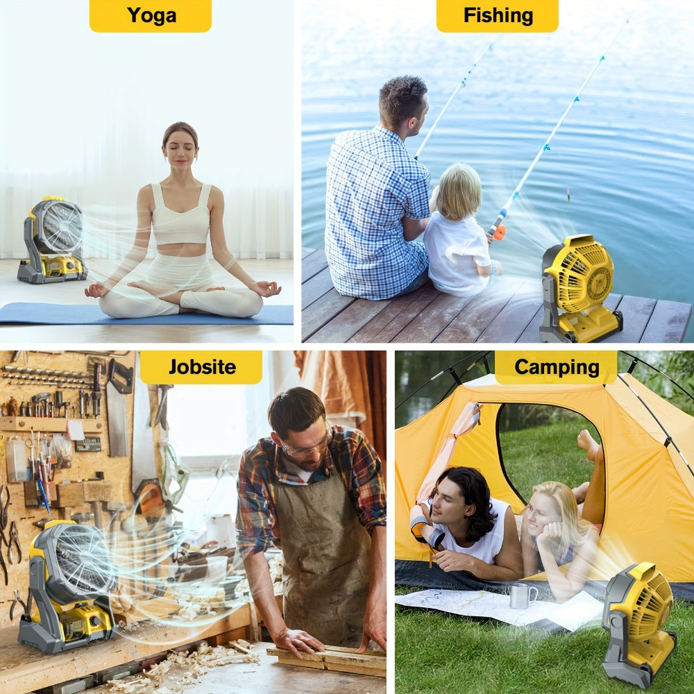 Cordless Camping Fan Compatible with DeWalt 20V Max Battery Adjustable Speed 180 Degree Tilt Built-in LED Light Hook for Hanging Portable Outdoor Fan Yellow Battery Not Included