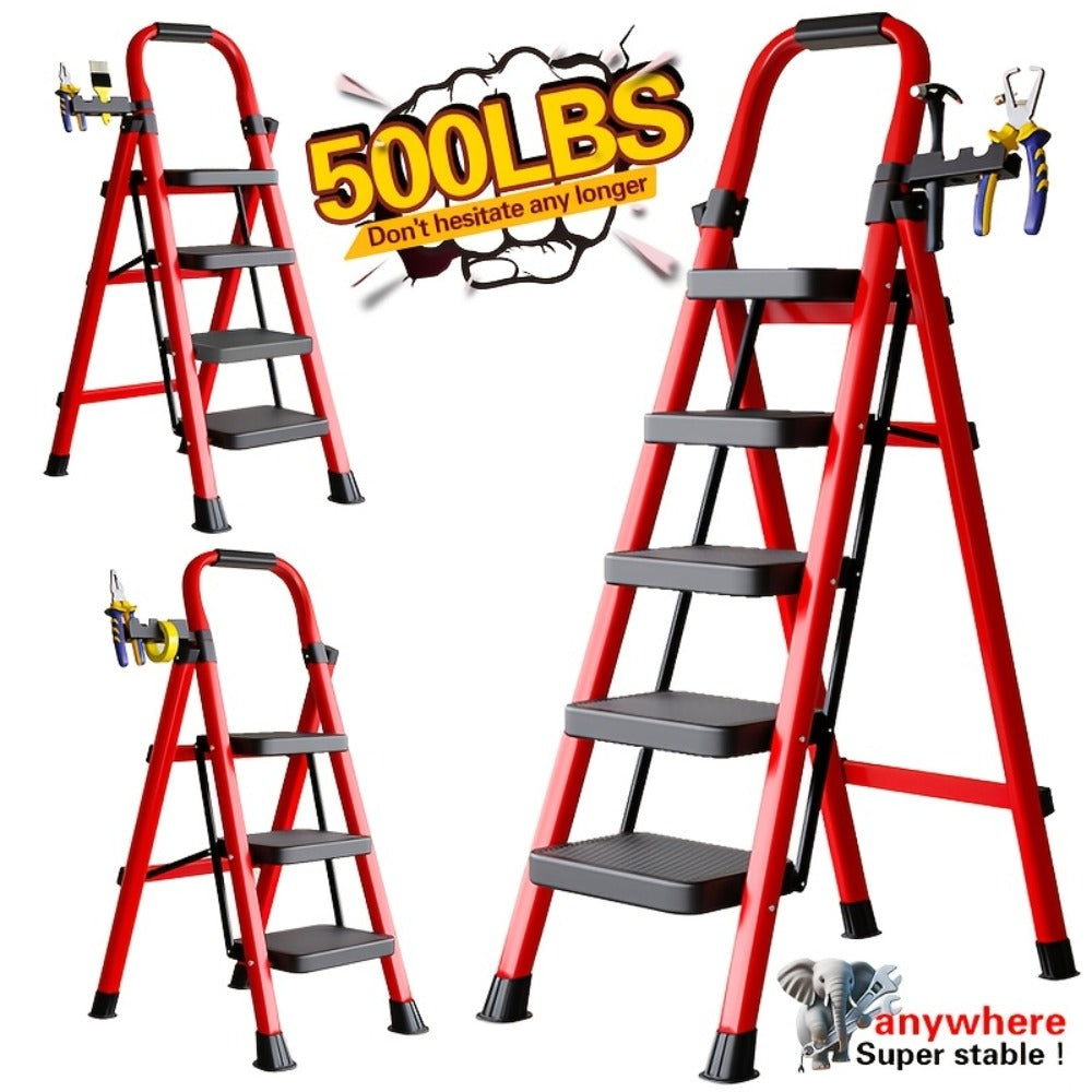 Folding Step Ladder 3 5 Step 500 lb Heavy Duty Steel Anti-Slip Wide Treads Handrail Safety Lock Portable Multi-Function Step Stool for Home Kitchen Garage Outdoor Black Red