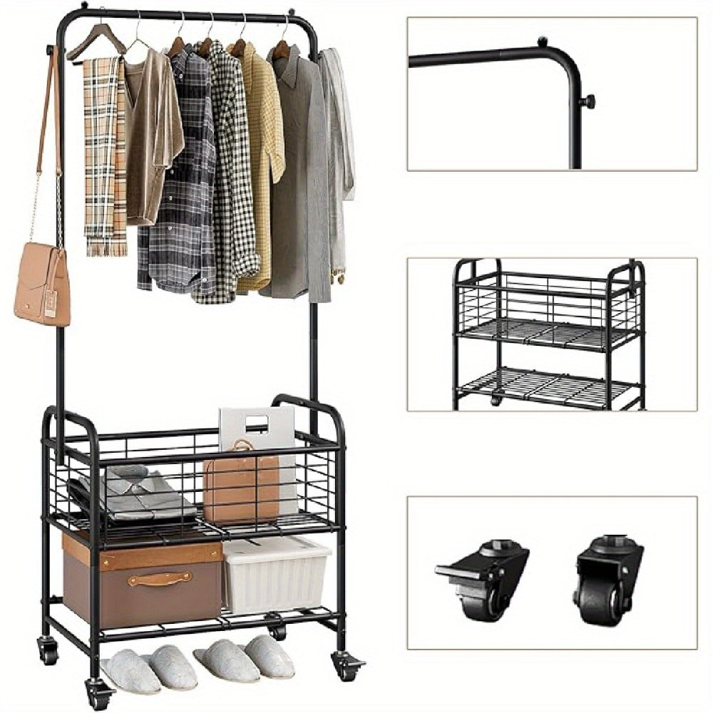 Rolling Laundry Basket with Wheels and Hanging Rack, Laundry Sorter Cart with Shelf and Locking Casters, Heavy Duty Steel Frame, Multifunctional Clothes Hamper for Laundry Room Bedroom Bathroom, White Black Silver
