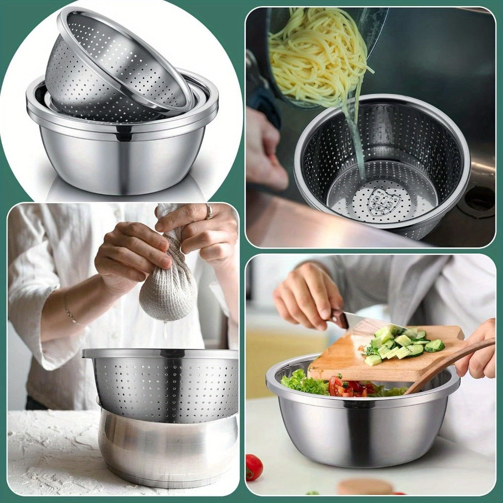 Stainless Steel Colander with Mixing Bowl Set 304 Food Grade Strainer Bowl for Washing Vegetables Fruit Rice Dishwasher Safe Kitchen Colander Sieve Multiple Sizes