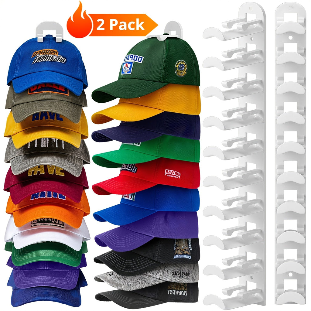 Wall Mounted Hat Rack for Baseball Caps ¨C Adhesive or Drill Mount, Holds 20 Hats, Multilayer Storage, 2pcs