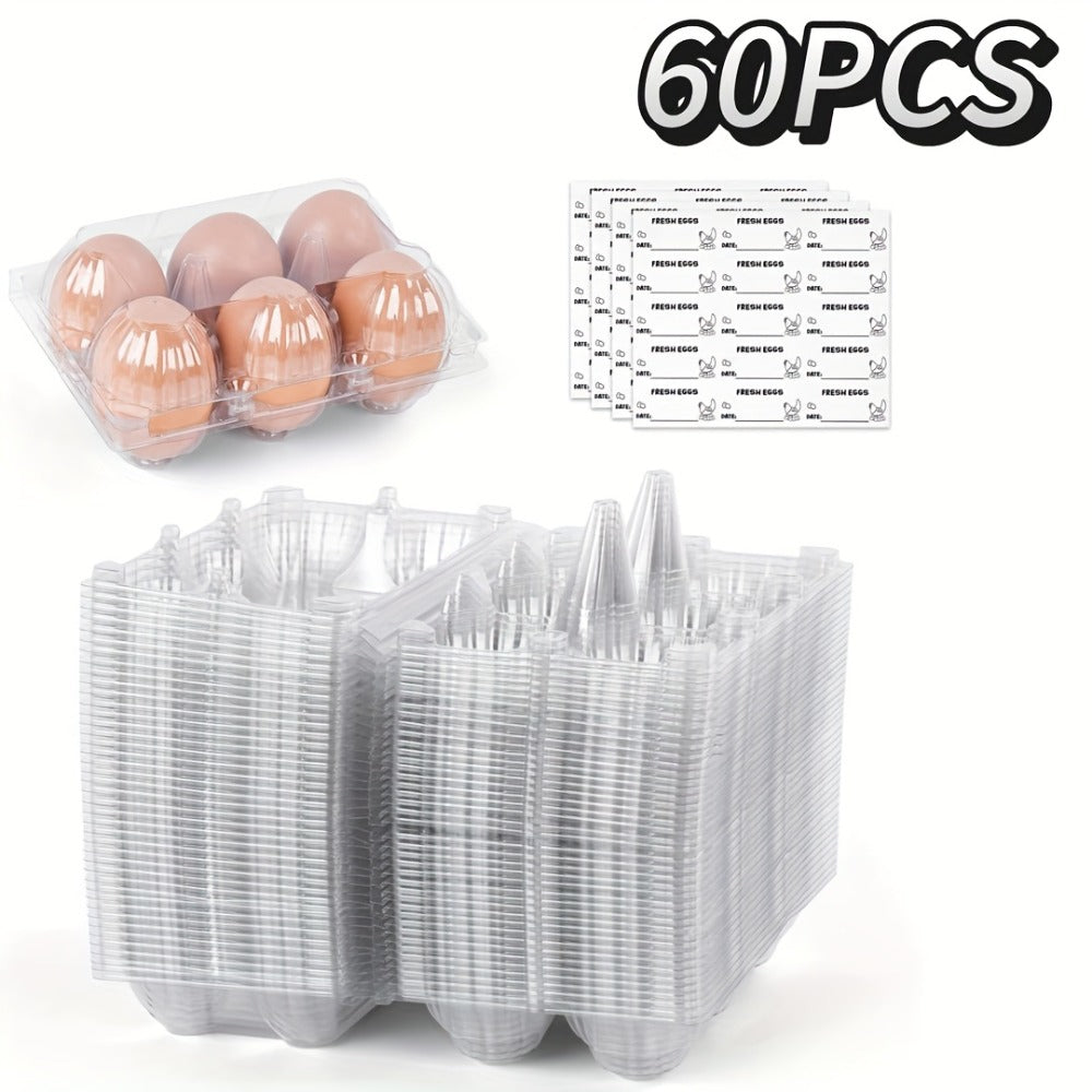 Plastic Egg Cartons, 60 Pack Clear 6-Cavity Reusable Egg Holders with 4 Label Stickers ¨C Bulk Egg Carton Set for Home, Ranch, Chicken Farm, Market Display, Kitchen Storage and Refrigerator