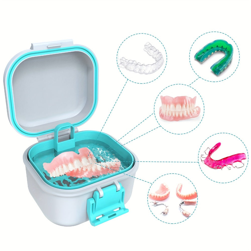 Denture Bath Case Leak-Proof with Drainage Basket Silicone Ring Safety Buckle Portable Travel Denture Cleaner Soaking Cup Storage Container for Home Travel