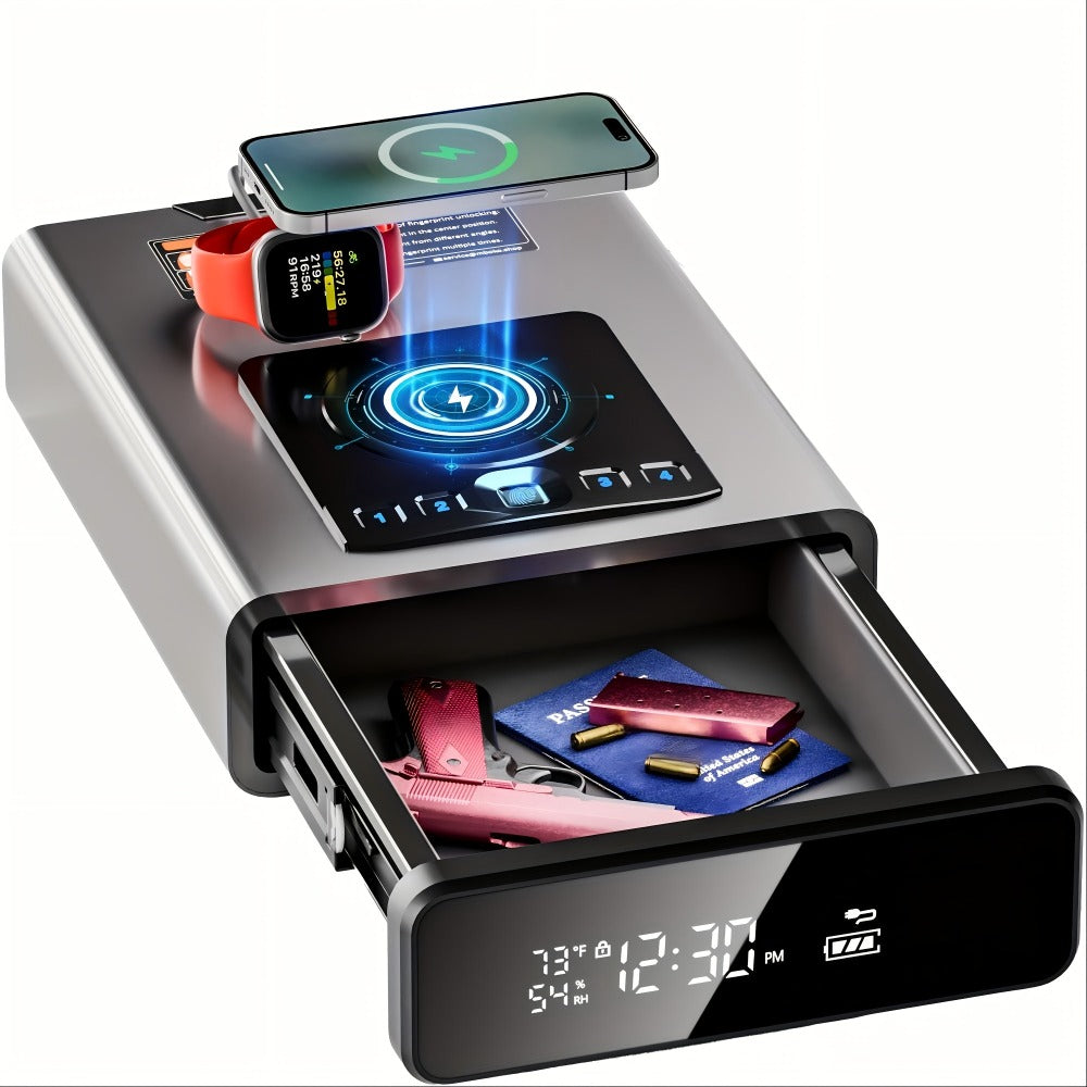 Biometric Gun Safe with Fingerprint Lock LED Clock and Wireless Charging DOJ Pistol Safe Backlit Keypad LED Light 2-in-1 Watch Mobile Charging Jewelry Storage Bedside Nightstand Safe Grey Black