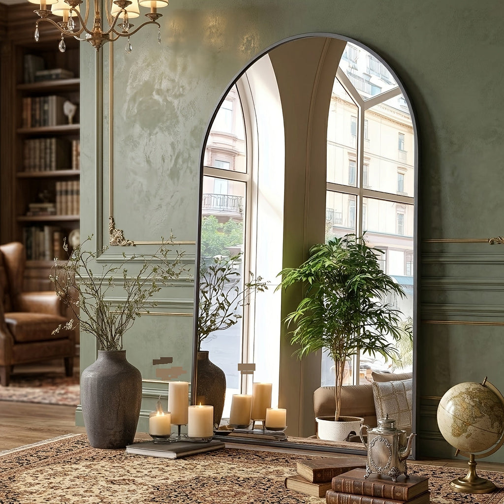 Arched Bathroom Mirror Metal Frame Wall Mounted Vanity Mirror Golden Black