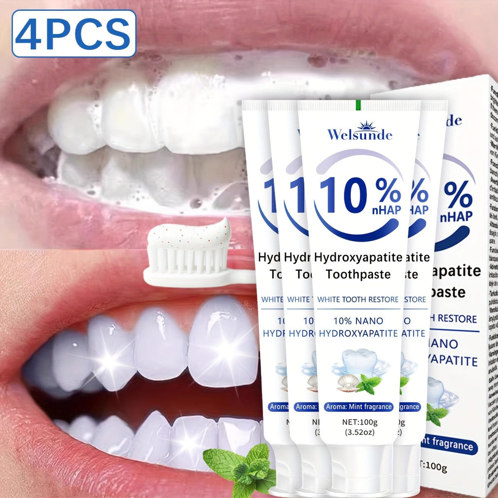Hydroxyapatite Toothpaste 4-Pack ¨C 10% Nano Formula with Baking Soda, Deep Cleaning & Whitening Gel, Mint Fresh Breath, Fluoride-Free Daily Oral Care for Everyone, Home & Travel Sleek Tube Design (400g)
