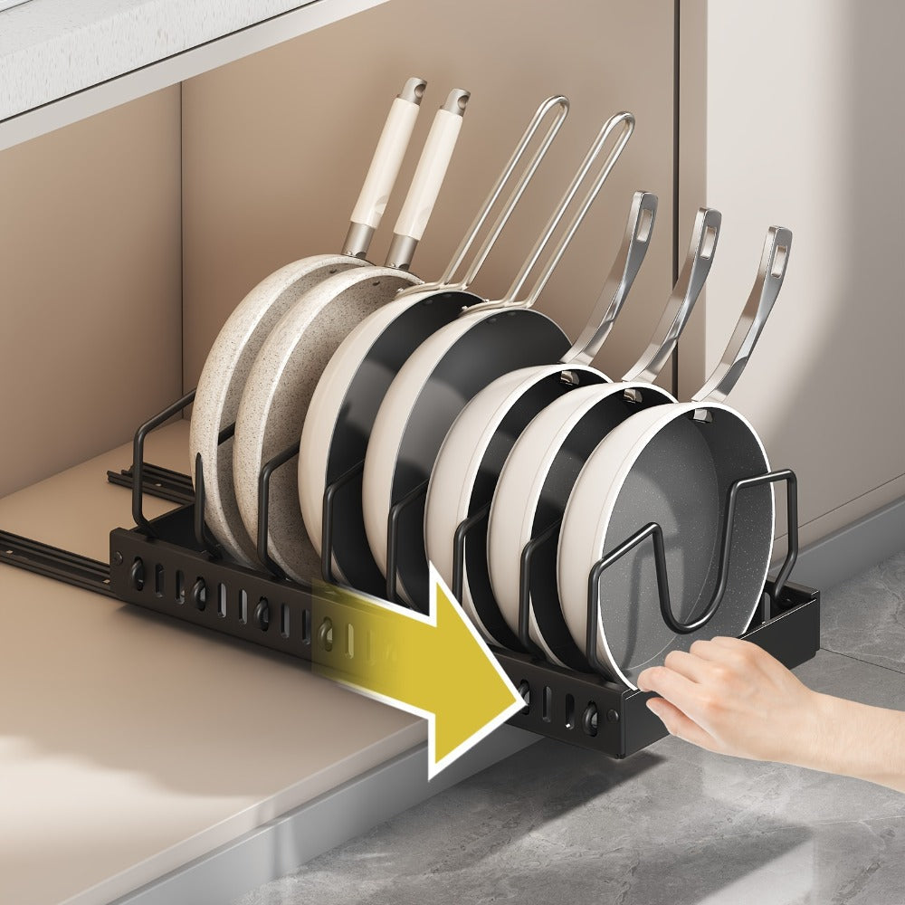 Pull Out Pot Lid Organizer Rack 2pcs Under Cabinet Pots and Pans Organizer, 8 Adjustable Dividers Slide Out Kitchen Cabinet Cookware Baking Sheet Holder, Drill-Free Easy Install