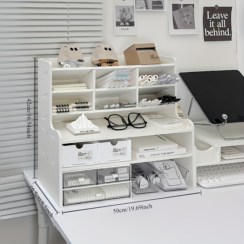 6-Layer Desktop Storage Rack Desk Organizer with File Holder Pen Holder Space-Saving Office Organizer Matte White PVC Stationery Cosmetics Dormitory Bookshelf Partition Box Multiple Sizes