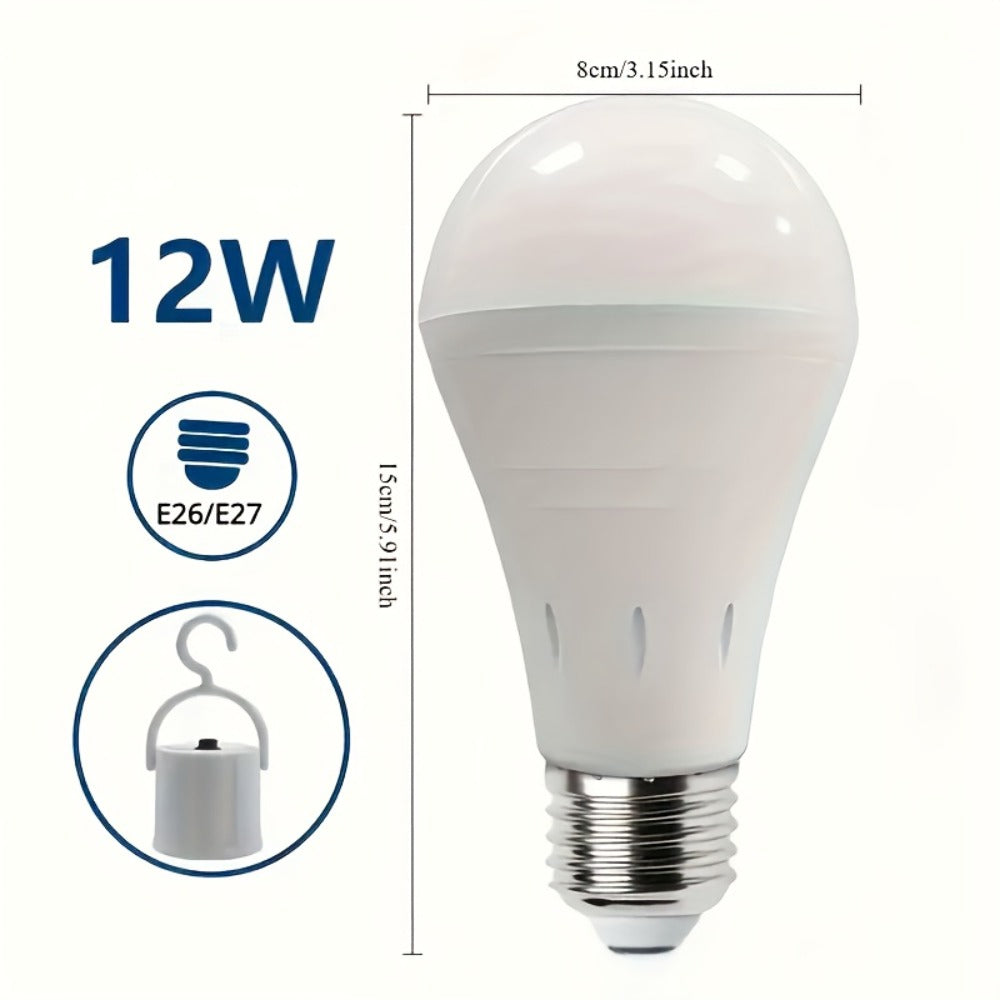 Rechargeable Emergency LED Light Bulb 12W 6500K 2000mAh with Polished Metal Finish ¨C Spherical Design Half-Flip Installation Backup Battery Bulb for Camping Hiking Indoor Outdoor Power Outage, 4 Pack