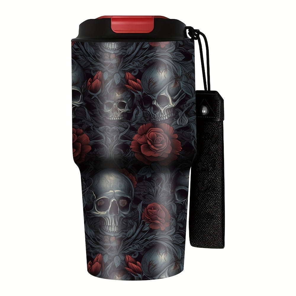 Insulated Tumbler 20oz Gothic Skull & Roses Stainless Steel Travel Mug with Carrying Strap, Coffee Cup Water Bottle for Camping Travel Halloween Gift