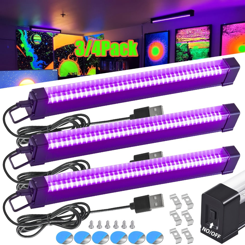 UV Black Light Strip USB LED ¨C 32cm / 12.6ft Portable Magnetic Black Light Tube for Halloween Party, Fluorescent Tapestry, Body Paint, Posters, Christmas & Cabinet Lighting (3-Pack / 4-Pack)