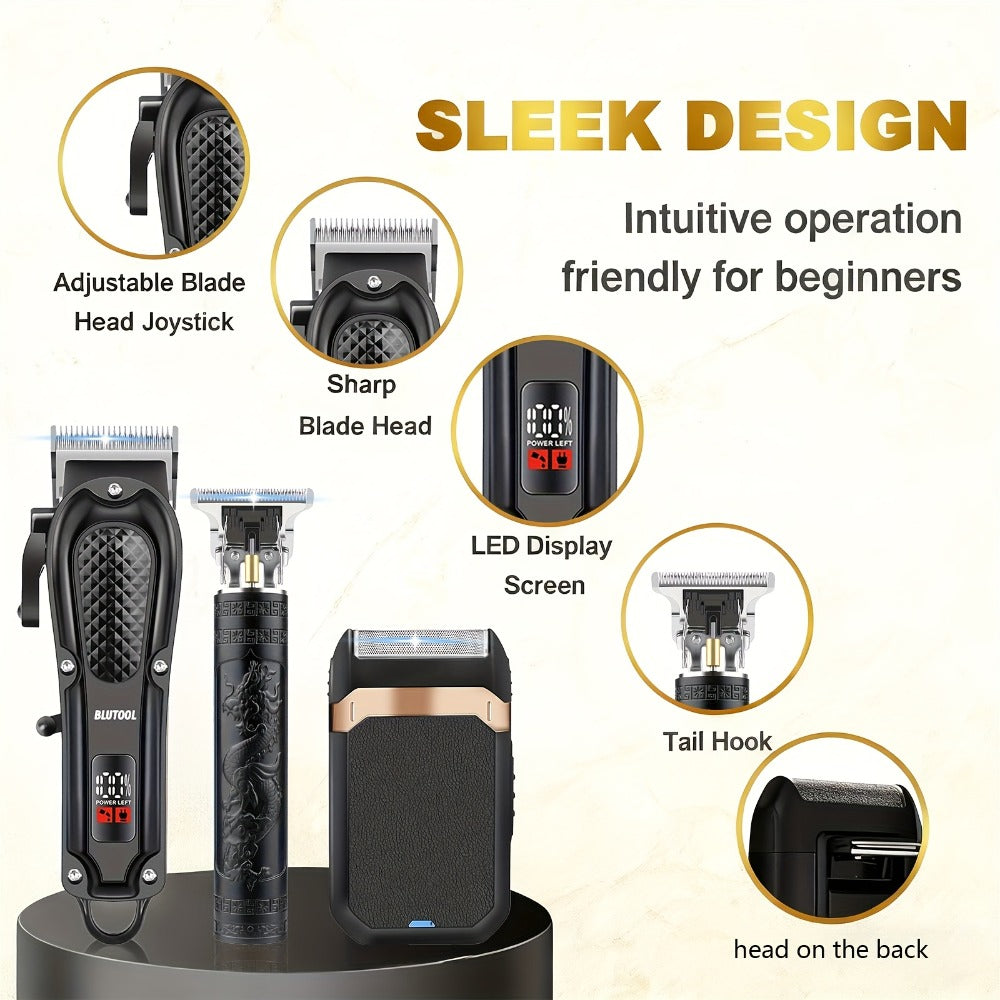 Electric Hair Clipper Set with LCD Screen - USB Rechargeable Hair Trimmer Kit with T-Blade, Guide Combs, Nose Hair Trimmer, Professional Grooming Kit for Men & Women, Home & Barber Shop Use
