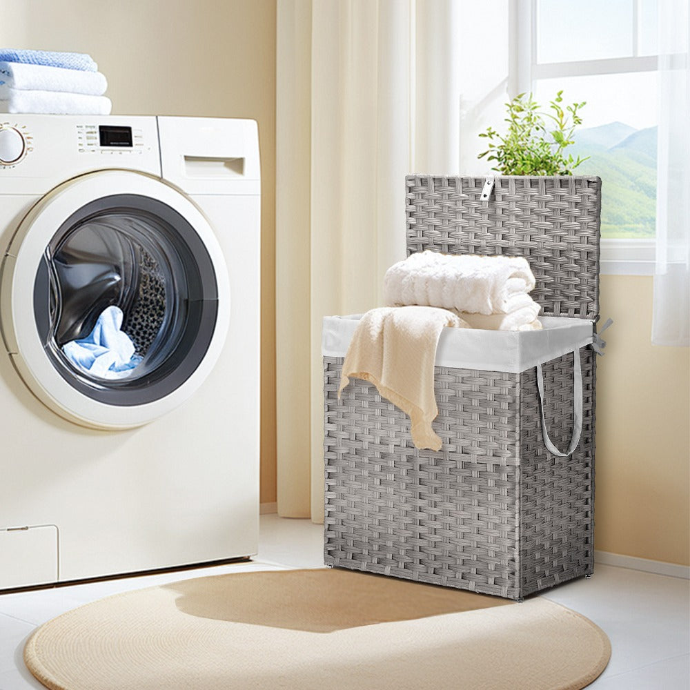 Laundry Hamper with Lid Large Capacity Woven Rattan Storage Basket, Collapsible Clothes Hamper with Handles & Removable Liner, Foldable Breathable Wicker Basket for Bedroom Home Dorm, 2 Sizes