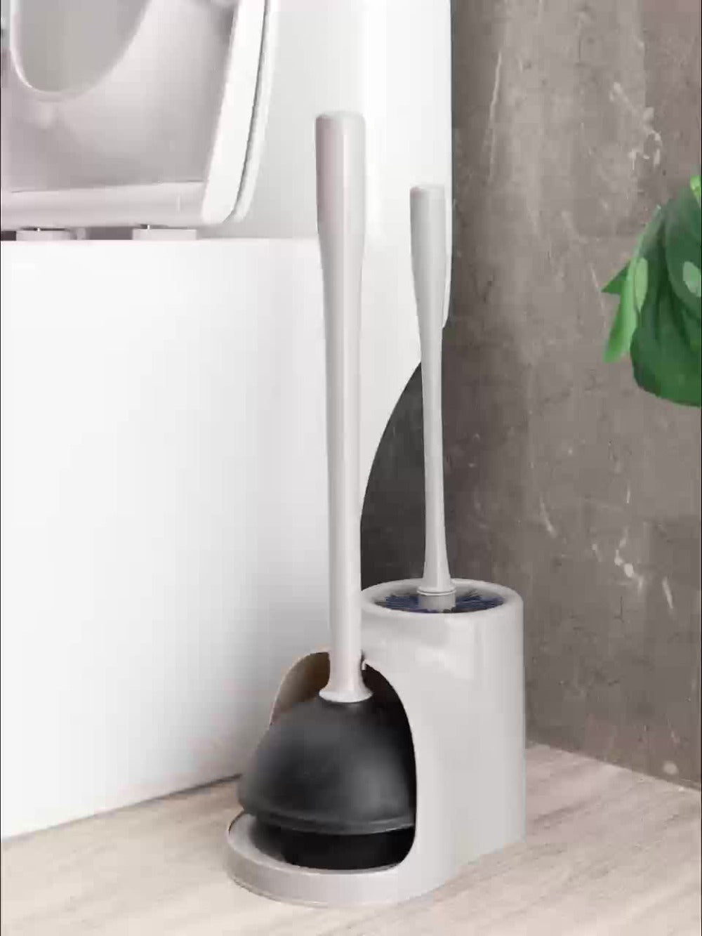 Toilet Plunger and Bowl Brush Combo Set for Bathroom Cleaning - Heavy Duty Plunger with Holder & Toilet Brush with Caddy, 2-in-1 Bathroom Cleaning Set, Gray, Compact Storage for Home Bathroom
