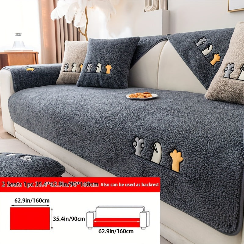 Plush Shearling Sofa Cover Non-Slip Pet-Friendly Couch Protector Animal Bone Embroidery Soft Warm for Living Room Bedroom Office 2 3 4 Seater