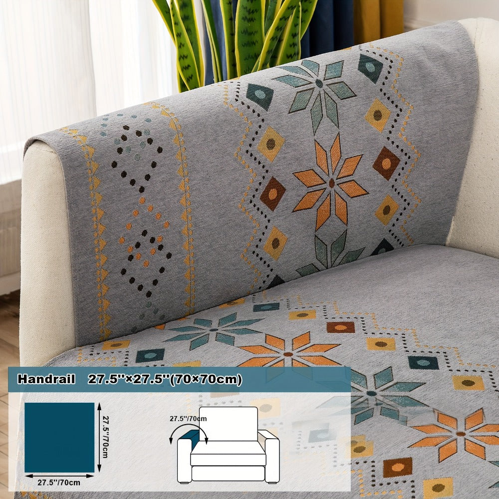 Bohemian Chenille Sofa Cover | Geometric Print Non-Slip Couch Slipcover, Thick Plush Boho Style, 1 to 4 Seat, Armrest & Backrest, Machine Washable, Sectional Sofa Protector