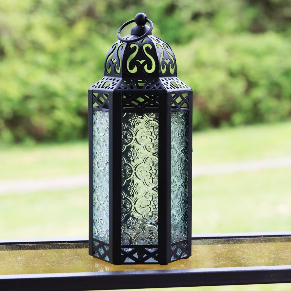 Moroccan Candle Lantern Holder - Decorative Metal & Glass Lantern with Embossed Floral Design for Indoor Home Decor, Garden, Patio, Weddings, Ramadan, Halloween & Holiday Celebrations - 10.5¡± Tall Medium Size