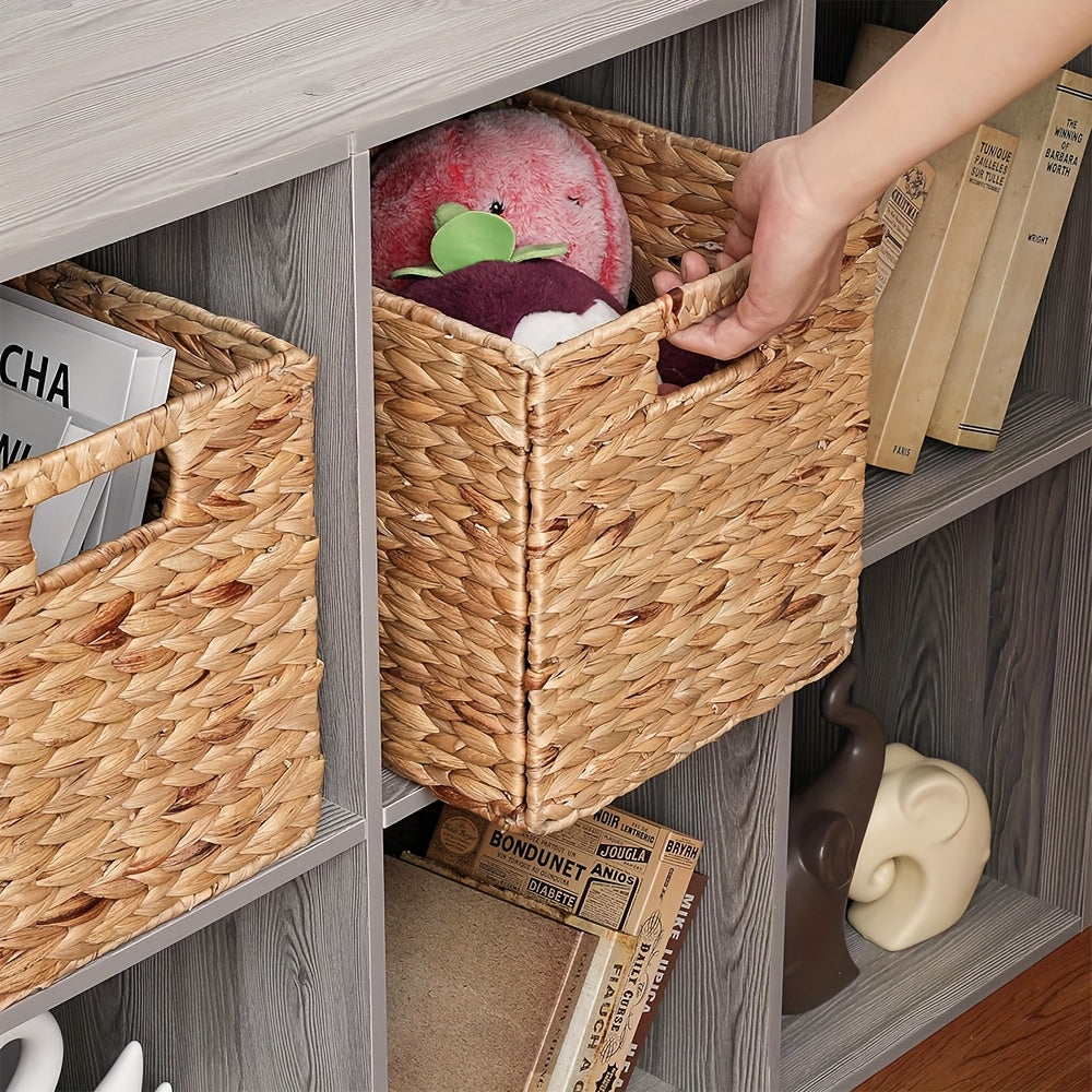 Water Hyacinth Storage Baskets 11in - Handwoven Stackable Cube Baskets for Shelves Closet Laundry, Natural Wicker Organizer Bins