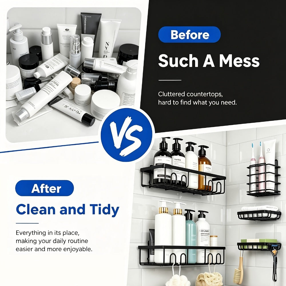 Shower Caddy Organizer Set 6 Piece No Drilling - Adhesive Wall Mounted Bathroom Storage Rack 13 Inch Toilet Paper Holder Soap Dish Toothbrush Holder Shower Shelf | Black | Kitchen Bathroom Organization
