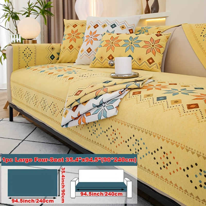 Chenille Sofa Cover Bohemian Style Jacquard Knit Anti-Slip Pet Friendly All Season Sofa Mat Protector - Single 2 3 4 Seater Armrest Backrest Pillow Case Grey White Yellow
