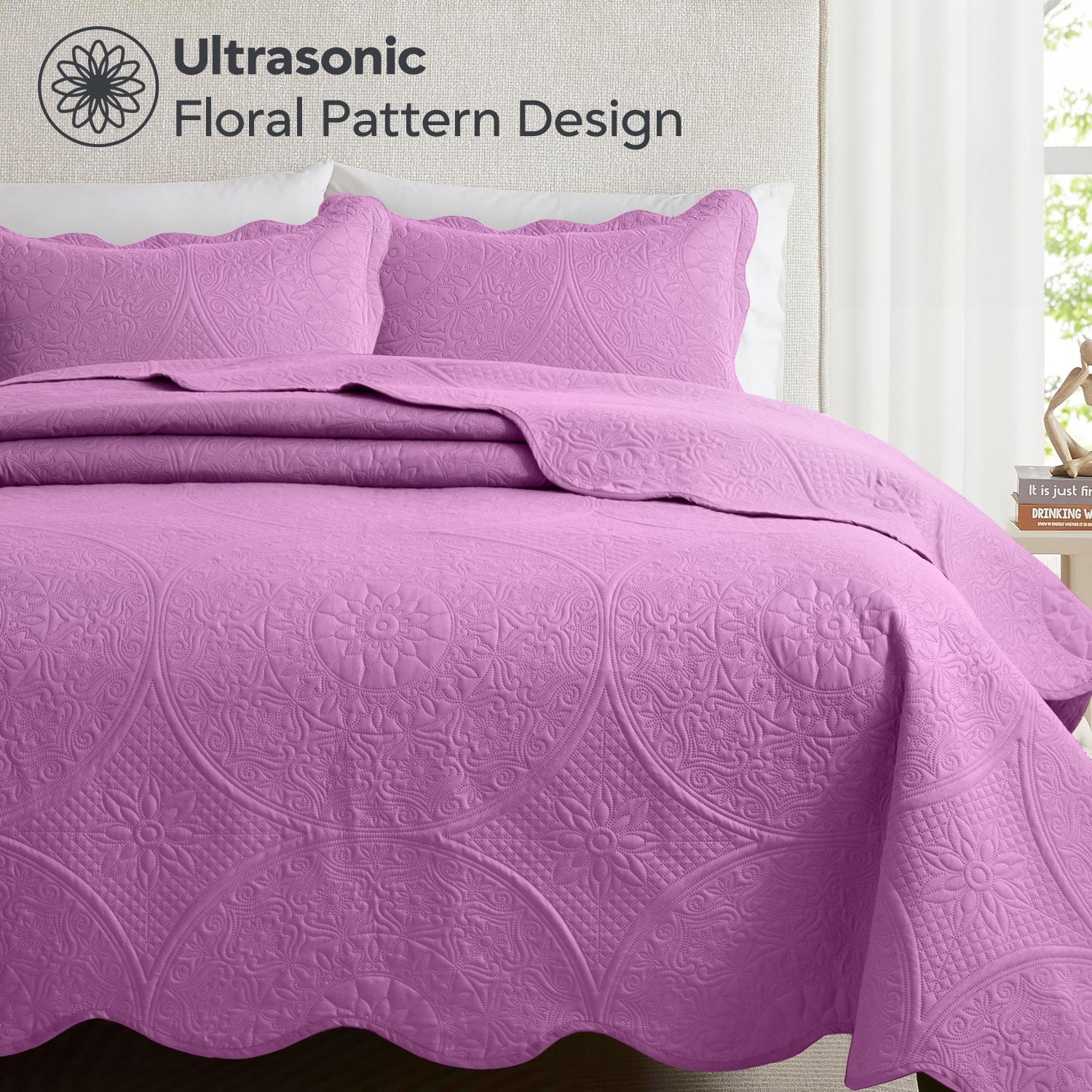 Quilted Bedspread Set 3 Piece ¨C Soft Floral Coverlet with Pillow Shams, Lightweight Breathable Quilt for Bedroom & Guest Room, All Season Bed Cover
