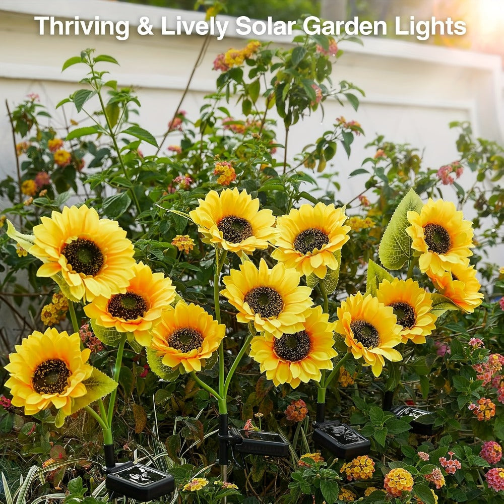 Solar Sunflower Garden Stake Lights 4 Pack | 12 Lifelike LED Flowers IP44 Waterproof Auto On Off | Floral Path Lighting for Patio Yard Porch with 8 Clip-On Butterfly Accessories