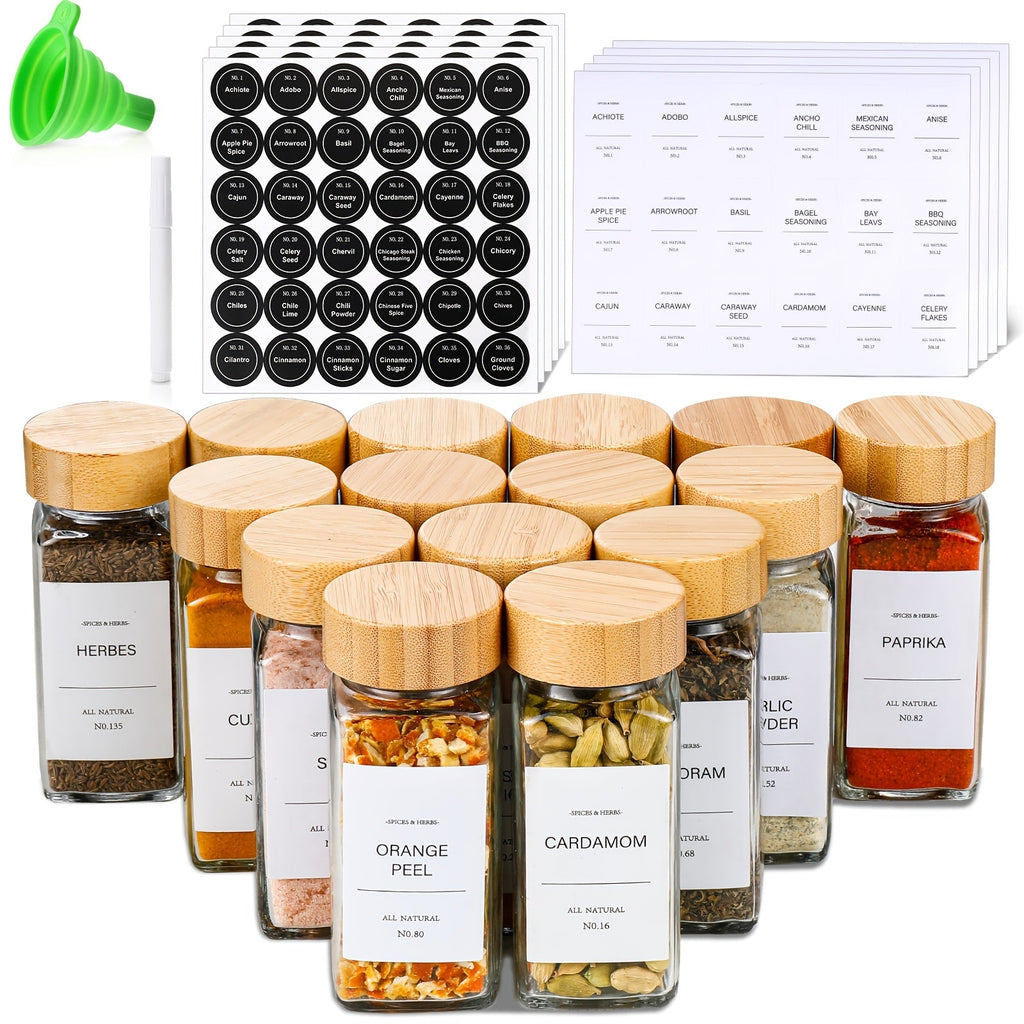 Glass Spice Jars 4oz with Bamboo Lids Labels and Collapsible Funnels Seasoning Storage Bottles for Spice Rack Cupboard Pantry Kitchen Organization 15 24 or 36pcs