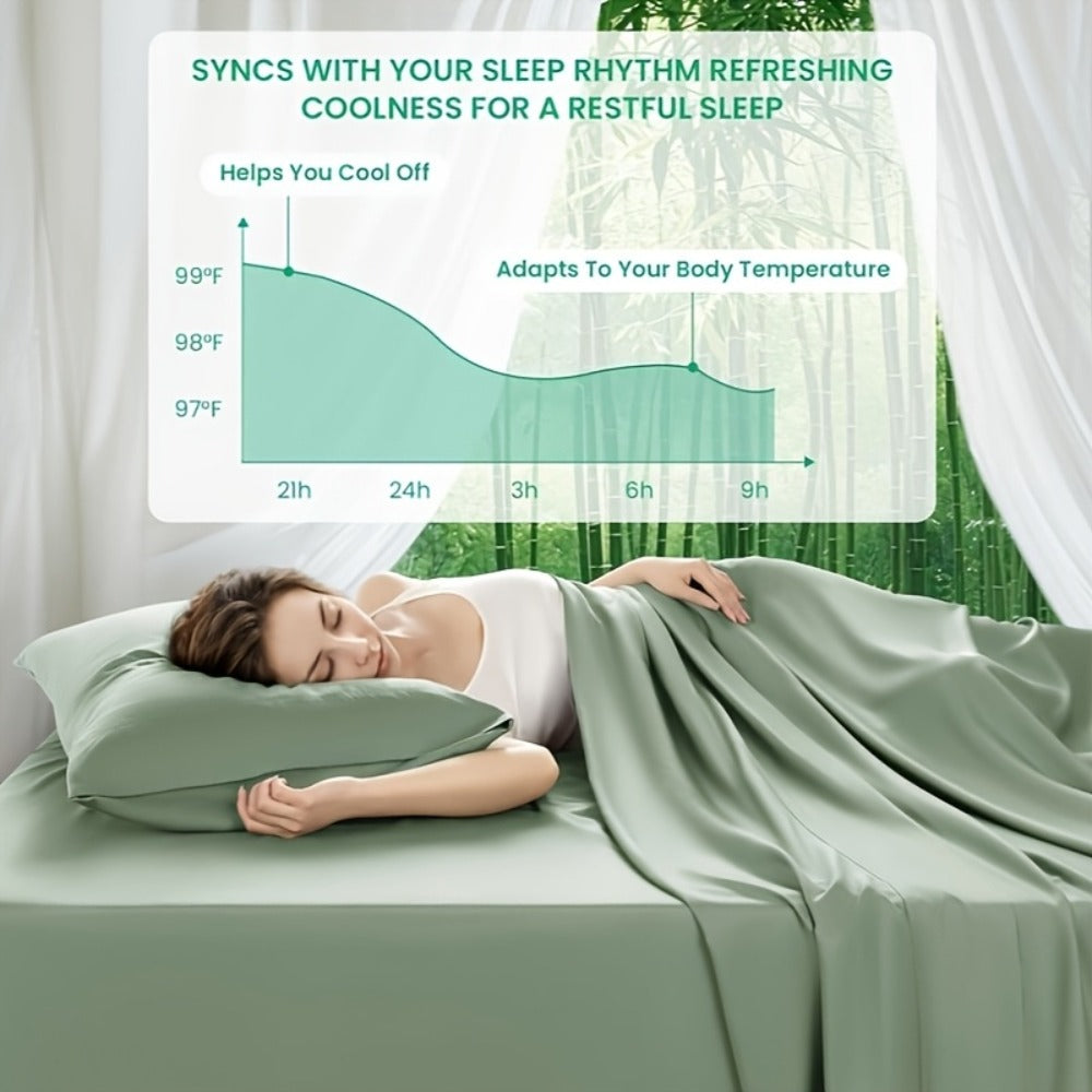 Cooling Sheet Set 4 Piece 2200TC Bamboo Blend - Silky Soft Deep Pocket 16 inch Fitted Sheet, Flat Sheet & Pillowcases, Breathable Luxury Bedding for Hot Sleepers Twin Full Queen King, Summer Chill Collection