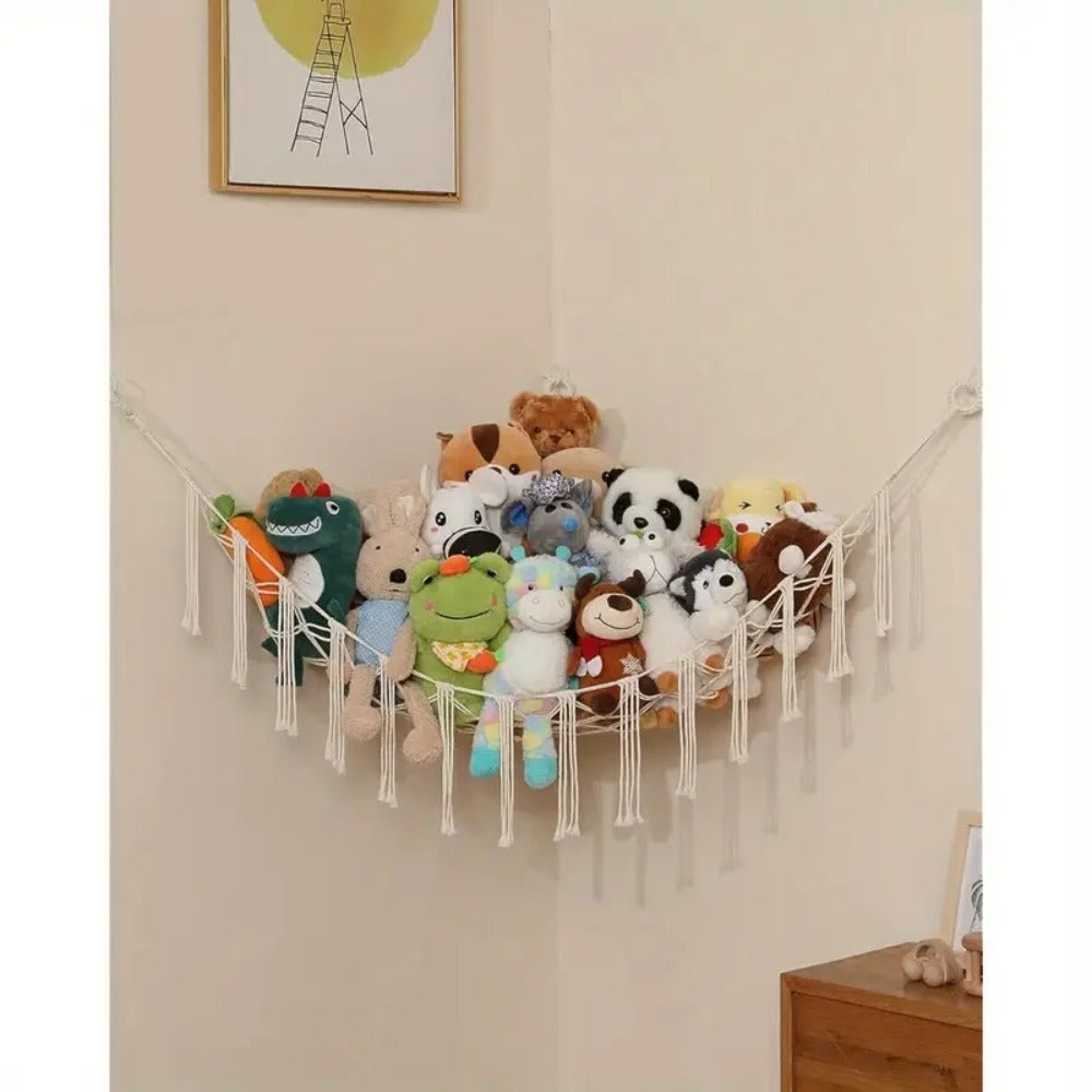 Stuffed Animal Storage Hammock with Lights Corner Hanging Toy Net Organizer for Nursery Bedroom Kids Room Decor Plush Toy Holder Christmas Halloween Easter Gift