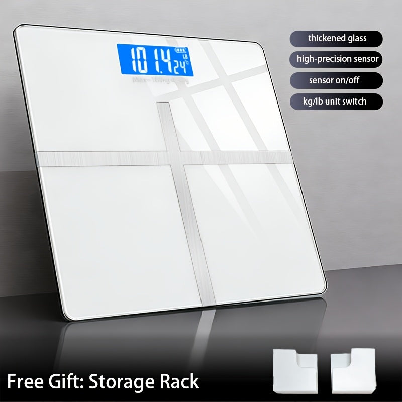 Digital Bathroom Scale with LCD Temperature Display ¨C 396 lb High-Precision Weight Scale, KG/Pounds Switchable, Wide Non-Slip Platform, Available with HD LED Upgrade, Waist Strap & Storage Rack