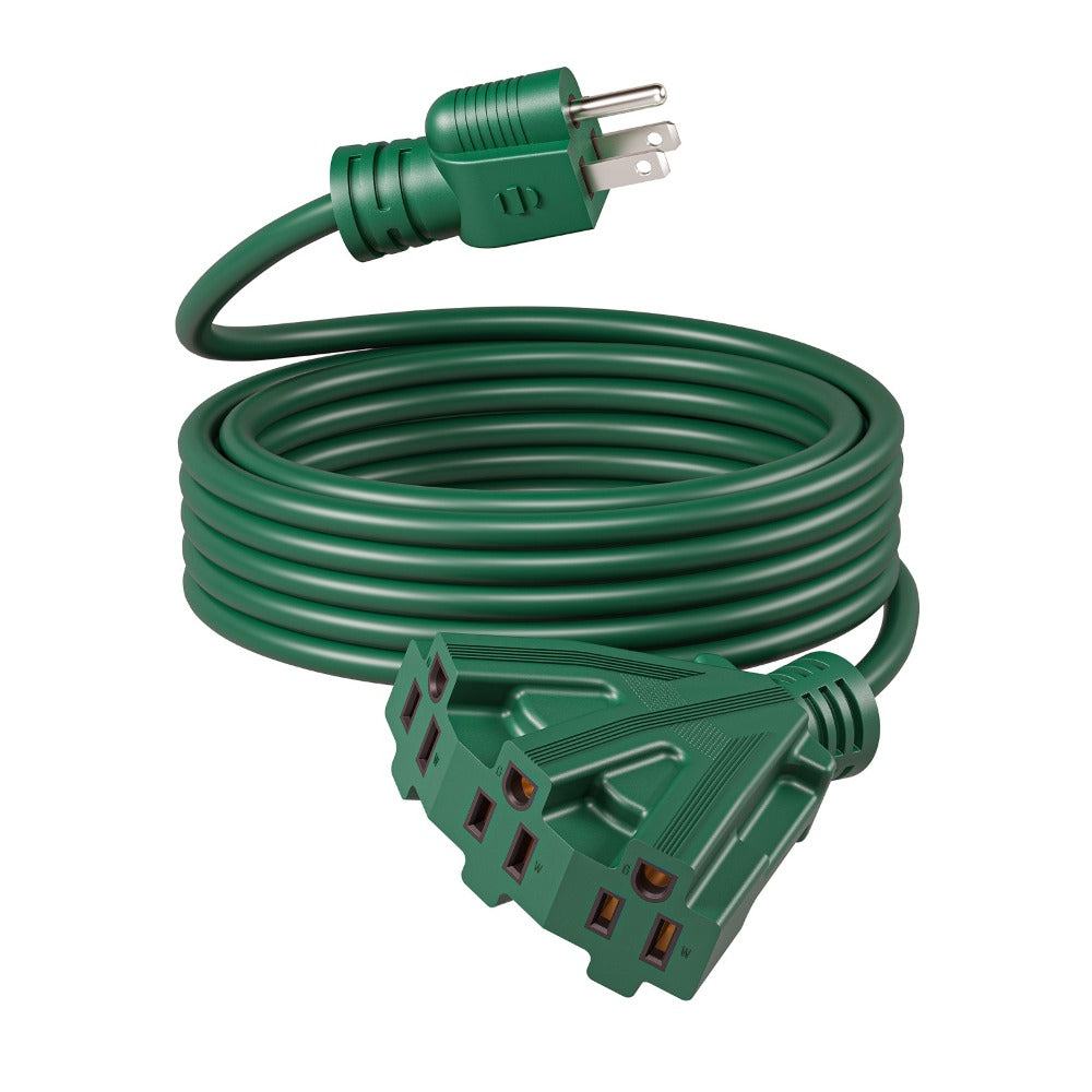 Green Extension Cord 3-Outlet Splitter 12FT 16/3 SJTW Flexible Copper Wire Triple Tap for Christmas Lights Holiday Decoration Landscape Lighting Outdoor Indoor Garage Workshop