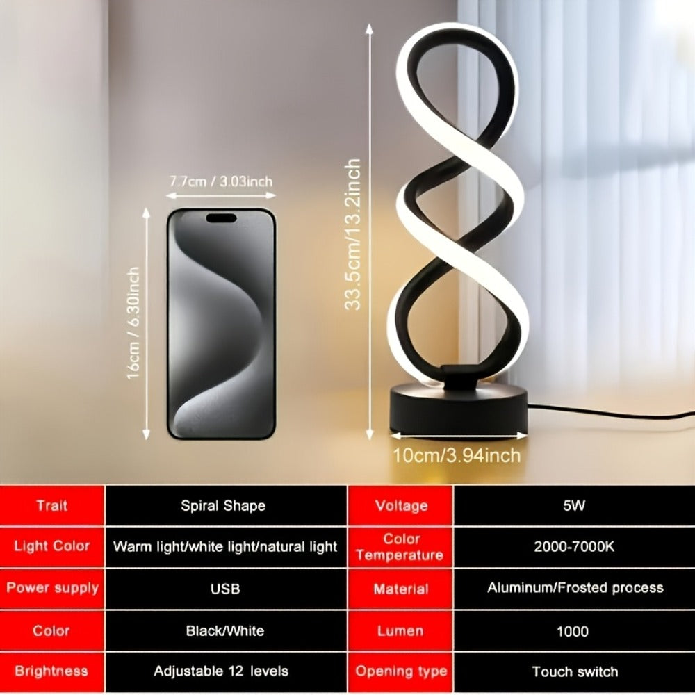 Spiral LED Table Lamp, Dimmable Push Button Control Desk Light for Bedroom Living Room Office, Modern Metal Base Indoor Accent Lamp, Unique Spiral Design Home Decor Gift for Christmas Birthday Valentine
